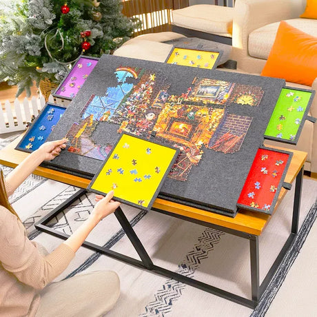 Silver Grey Foldable Anti-Slip Felt Jigsaw Puzzle Board with 6 Sorting Drawers – Lightweight 1000 Piece Puzzle Table Mat, 2-in-1 Neck-Friendly Storage Stand and Protective Cover for Unfinished Puzzle