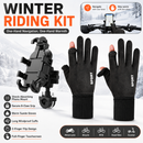 2-Piece Winter Riding Essentials Set with 8 Claw Secure Grip Bike Phone Mount and Suede Flip-Top Touchscreen Thermal Gloves – 360° Rotation Adjustment and Silicone Anti-Shock Module, Universal Handlebar Cradle for Motorcycle MTB & Road Cycling