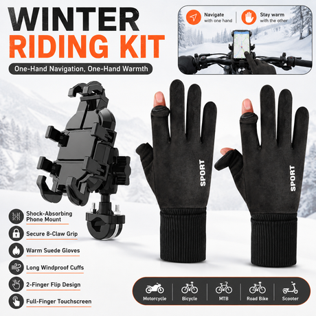 2-Piece Winter Riding Essentials Set with 8 Claw Secure Grip Bike Phone Mount and Suede Flip-Top Touchscreen Thermal Gloves – 360° Rotation Adjustment and Silicone Anti-Shock Module, Universal Handlebar Cradle for Motorcycle MTB & Road Cycling