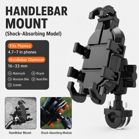 Black Secure Grip Anti-Shock Bike Phone Mount - 360° Rotating Adjustment, 8-Claw Locking Universal Handlebar Navigation Holder for Motorcycle MTB & Road Cycling (Fits 4.7–7
