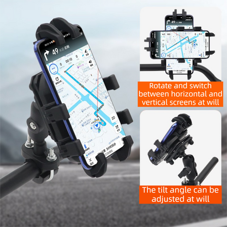 Black Secure Grip Anti-Shock Bike Phone Mount - 360° Rotating Adjustment, 8-Claw Locking Universal Handlebar Navigation Holder for Motorcycle MTB & Road Cycling (Fits 4.7–7