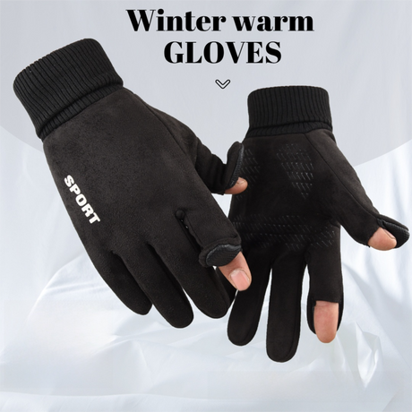 Black Winter Suede Touchscreen Flip-Top Gloves with Extended Cuff Design and Silicone Anti-Slip Palm – Windproof Thickened Thermal Riding Gloves for Motorcycle Driving and MTB Road Cycling