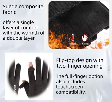Grey Winter Suede Touchscreen Flip-Top Gloves with Extended Cuff Design and Silicone Anti-Slip Palm – Windproof Thickened Thermal Riding Gloves for Motorcycle Driving and MTB Road Cycling