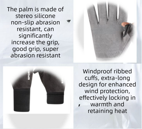 Grey Winter Suede Touchscreen Flip-Top Gloves with Extended Cuff Design and Silicone Anti-Slip Palm – Windproof Thickened Thermal Riding Gloves for Motorcycle Driving and MTB Road Cycling
