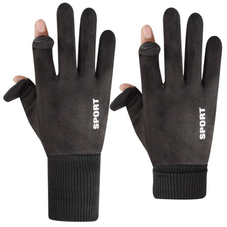 Grey Winter Suede Touchscreen Flip-Top Gloves with Extended Cuff Design and Silicone Anti-Slip Palm – Windproof Thickened Thermal Riding Gloves for Motorcycle Driving and MTB Road Cycling