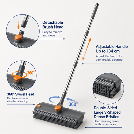 Grey and Orange 360°Rotating Detachable V-Shaped Floor Scrub Brush for Indoor & Outdoor Use – 3-in-1 Groove Corner Gap Cleaning Tool with Silicone Squeegee, 134CM Stainless Steel Telescopic Handle and Collection Clip