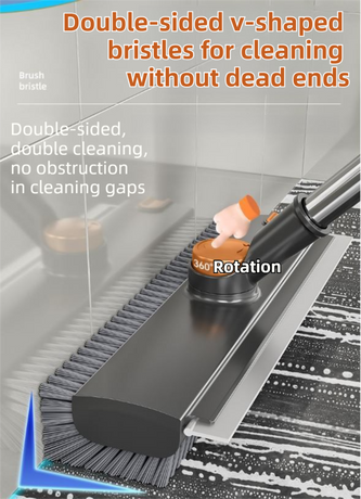 Grey and White 360°Rotating Detachable V-Shaped Floor Scrub Brush for Indoor & Outdoor Use – 3-in-1 Groove Corner Gap Cleaning Tool with Silicone Squeegee, 134CM Stainless Steel Telescopic Handle and Collection Clip
