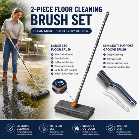 2-Piece Deep Cleaning Floor Brush and Mini Detail Gap Brush Set for Large Surfaces & Tight Gaps – Grey Orange Heavy Duty 360° Rotating V-Shaped Floor Scrubber with Silicone Squeegee and 134CM Telescopic Handle for Outdoor & Indoor Use