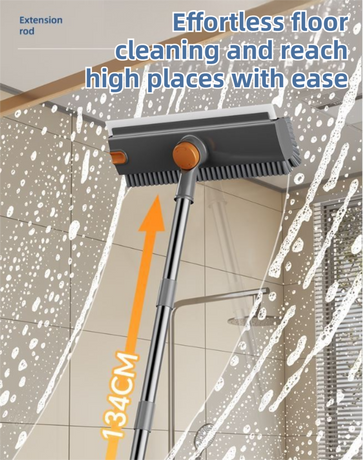 2-Piece Deep Cleaning Floor Brush and Mini Detail Gap Brush Set for Large Surfaces & Tight Gaps – Grey Orange Heavy Duty 360° Rotating V-Shaped Floor Scrubber with Silicone Squeegee and 134CM Telescopic Handle for Outdoor & Indoor Use