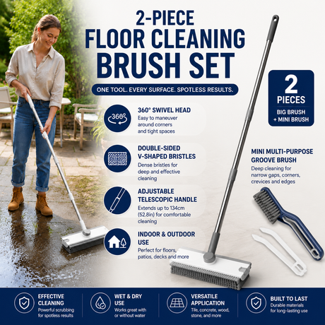 2-Piece Deep Cleaning Floor Brush and Mini Detail Gap Brush Set for Large Surfaces & Tight Gaps – Grey White Heavy Duty 360° Rotating V-Shaped Floor Scrubber with Silicone Squeegee and 134CM Telescopic Handle for Outdoor & Indoor Use