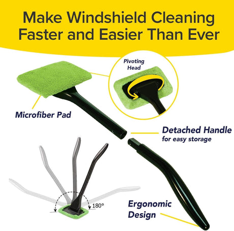 Car Windshield Rotating Defogger Cleaner Brush with 4 Washable Microfibre Pads, Spray Bottle and Detachable Handle for Home Car Fog Dust Stain Removal