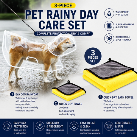3 Piece Rainy Day Pet Care Set - 8XL Size Waterproof Dog Hooded EVA Transparent Raincoat with Full-Coverage Poncho Design Adjustable Snaps and Leash Access, Free High Absorbency Quick Dry 30 × 30cm Towel and 140 × 70cm Large Bath Towel for Small Medium La