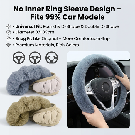 2-Piece Winter Warm Non-Slip Car Interior Comfort Combo with Khaki Soft Bubble Fleece 3D Fluffy Car Seat Cushion and Black Plush Steering Wheel Cover, Universal Dia 38CM