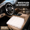 2-Piece Winter Warm Non-Slip Car Interior Comfort Combo with White Soft Bubble Fleece 3D Fluffy Car Seat Cushion and Black Plush Steering Wheel Cover, Universal Dia 38CM