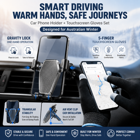 2-Piece Winter Car Safety & Comfort Driving Set with Car Air Vent Gravity Phone Holder and Warm Five-Finger Touchscreen Gloves – One Hand Auto Grip, Triangle Stability & Gravity Locking, All-Season Esports Conductive Touchscreen Gloves