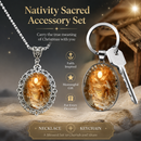 3D Nativity Scene Silver Pendant Necklace & Keyring Set with Gift Box – Christmas Glass Cabochon & Alloy Jewellery Combo for Men and Women