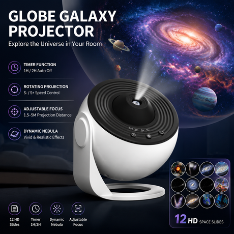 White and Black USB Powered Galaxy Star Projector and Earth Globe Night Light with 12 HD Space Films, 1H / 2H Timer, Nebula Dynamic Rotation Effect & Adjustable Focus for Bedroom Kids Home Decor