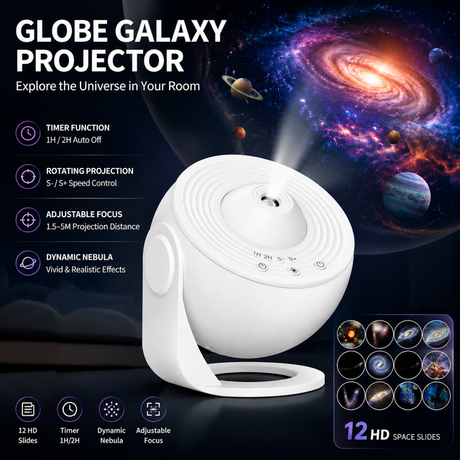 White USB Powered Galaxy Star Projector and Earth Globe Night Light with 12 HD Space Films, 1H / 2H Timer, Nebula Dynamic Rotation Effect & Adjustable Focus for Bedroom Kids Home Decor