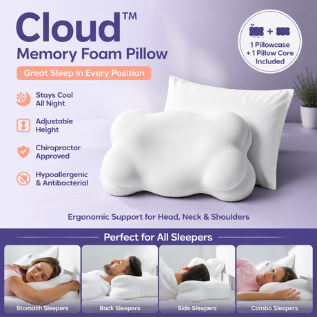 White Cloud Memory Foam Cervical Support Pillow Core and Cover (60 x 30 x 10CM) – Ergonomic Neck Orthopedic Contour Pillow for Side Back & Stomach Sleepers, Deep Sleeping and Pressure Relieving