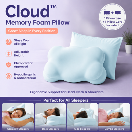 Light Blue Cloud Memory Foam Cervical Support Pillow Core and Cover (71 x 38 x 13CM) – Ergonomic Neck Orthopedic Contour Pillow for Side Back & Stomach Sleepers, Deep Sleeping and Pressure Relieving