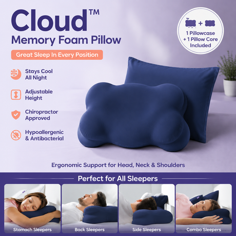 Navy Blue Cloud Memory Foam Cervical Support Pillow Core and Cover (60 x 30 x 10CM) – Ergonomic Neck Orthopedic Contour Pillow for Side Back & Stomach Sleepers, Deep Sleeping and Pressure Relieving