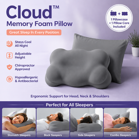Grey Cloud Memory Foam Cervical Support Pillow Core and Cover (71 x 38 x 13CM) – Ergonomic Neck Orthopedic Contour Pillow for Side Back & Stomach Sleepers, Deep Sleeping and Pressure Relieving