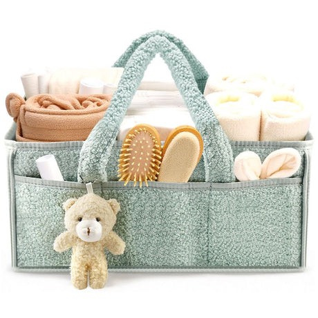 Light Green Large Capacity Plush Baby Diaper Caddy Storage Tote, Foldable Nursery Organizer Bag and Mommy Handbag with Muti Pockets, 4 Adjustable Dividers and Teddy Charm for Travel & Home Use (15.3 x 10.6 x 7