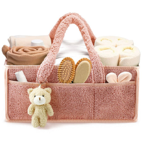 Pink Large Capacity Plush Baby Diaper Caddy Storage Tote, Foldable Nursery Organizer Bag and Mommy Handbag with Muti Pockets, 4 Adjustable Dividers and Teddy Charm for Travel & Home Use (15.3 x 10.6 x 7