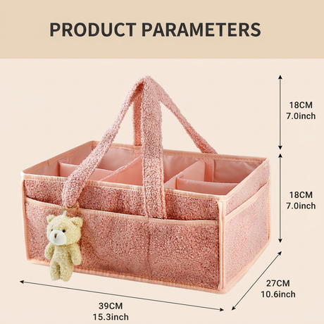 Pink Large Capacity Plush Baby Diaper Caddy Storage Tote, Foldable Nursery Organizer Bag and Mommy Handbag with Muti Pockets, 4 Adjustable Dividers and Teddy Charm for Travel & Home Use (15.3 x 10.6 x 7