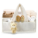 White Large Capacity Plush Baby Diaper Caddy Storage Tote, Foldable Nursery Organizer Bag and Mommy Handbag with Muti Pockets, 4 Adjustable Dividers and Teddy Charm for Travel & Home Use (15.3 x 10.6 x 7")