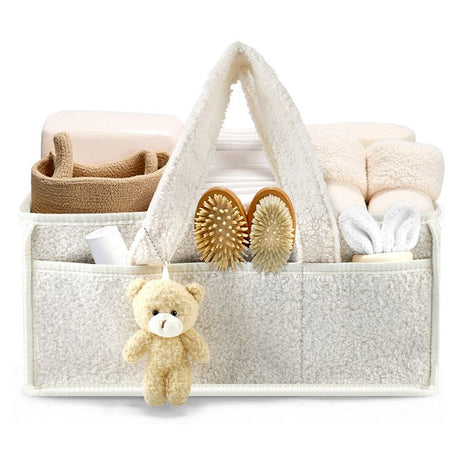White Large Capacity Plush Baby Diaper Caddy Storage Tote, Foldable Nursery Organizer Bag and Mommy Handbag with Muti Pockets, 4 Adjustable Dividers and Teddy Charm for Travel & Home Use (15.3 x 10.6 x 7