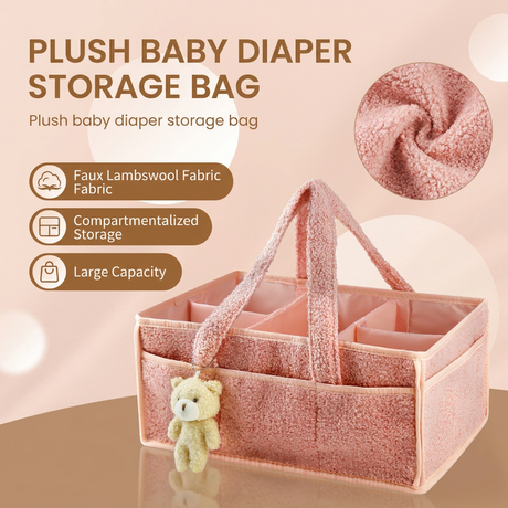 White Large Capacity Plush Baby Diaper Caddy Storage Tote, Foldable Nursery Organizer Bag and Mommy Handbag with Muti Pockets, 4 Adjustable Dividers and Teddy Charm for Travel & Home Use (15.3 x 10.6 x 7