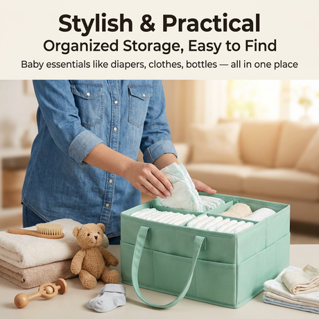 White Large Capacity Plush Baby Diaper Caddy Storage Tote, Foldable Nursery Organizer Bag and Mommy Handbag with Muti Pockets, 4 Adjustable Dividers and Teddy Charm for Travel & Home Use (15.3 x 10.6 x 7