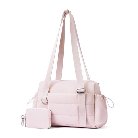 Pink Women’s Fluffy Nylon Gym Travel Tote Bag and Coin Purse Set - Side Drawstring Cup Holder, Front / Back Zipper Pockets and Wet & Dry Separation, Large Capacity and Lightweight 11.7 x 4.2 x 8