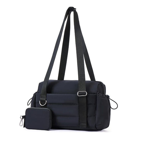 Black Women’s Fluffy Nylon Gym Travel Tote Bag and Coin Purse Set - Side Drawstring Cup Holder, Front / Back Zipper Pockets and Wet & Dry Separation, Large Capacity and Lightweight 11.7 x 4.2 x 8