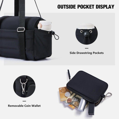 Black Women’s Fluffy Nylon Gym Travel Tote Bag and Coin Purse Set - Side Drawstring Cup Holder, Front / Back Zipper Pockets and Wet & Dry Separation, Large Capacity and Lightweight 11.7 x 4.2 x 8