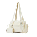 Beige Women’s Fluffy Nylon Gym Travel Tote Bag and Coin Purse Set - Side Drawstring Cup Holder, Front / Back Zipper Pockets and Wet & Dry Separation, Large Capacity and Lightweight 11.7 x 4.2 x 8"