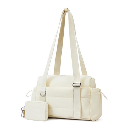 Beige Women’s Fluffy Nylon Gym Travel Tote Bag and Coin Purse Set - Side Drawstring Cup Holder, Front / Back Zipper Pockets and Wet & Dry Separation, Large Capacity and Lightweight 11.7 x 4.2 x 8