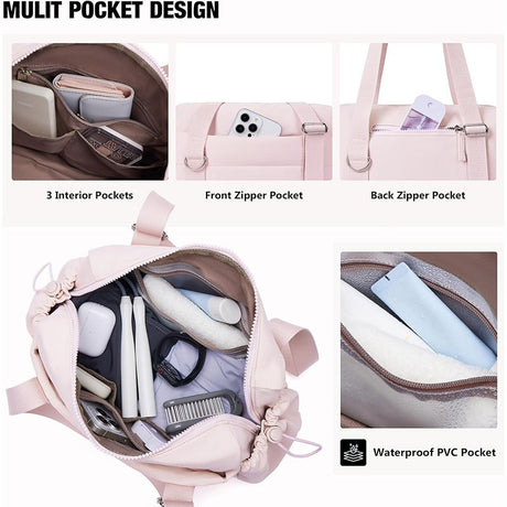 Beige Women’s Fluffy Nylon Gym Travel Tote Bag and Coin Purse Set - Side Drawstring Cup Holder, Front / Back Zipper Pockets and Wet & Dry Separation, Large Capacity and Lightweight 11.7 x 4.2 x 8