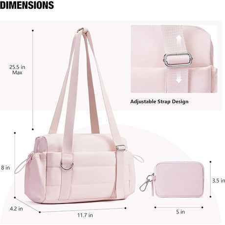 Beige Women’s Fluffy Nylon Gym Travel Tote Bag and Coin Purse Set - Side Drawstring Cup Holder, Front / Back Zipper Pockets and Wet & Dry Separation, Large Capacity and Lightweight 11.7 x 4.2 x 8