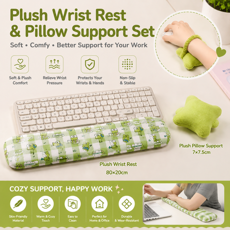 Green Ergonomic Plush Wrist Rest 2PCS Set – 80×20cm Keyboard Wrist Pad + Pillow-Shaped Wrist Support Cushion with Strap (7.5×7cm) – Anti-Slip Memory Comfort Pad for Typing Gaming & Office Use