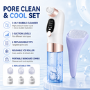Vacumn Water Circulation Pore Cleanser and Reusable Ice Roller Set with Waste Separation Design, 3 Level Suction and 6 Replaceable Heads - Dual Function Microbubble Oxygen Hydration Device and Blackhead Remover, Portable Facial Pore Cleaning & Cooling Kit