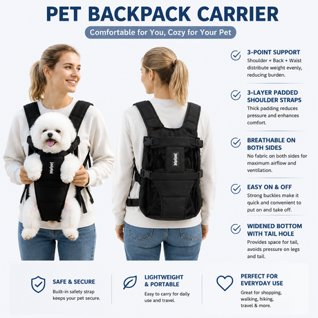Black Hands Free Adjustable Dog Carrier Backpack with 3-Point Support, Reserved Tail Opening and Wide Padded Straps - Chest & Back Dual Use, Breathable on Both Sides and Quick-release Safety Buckles for Walking Bike Travel Outdoor Use, S Size