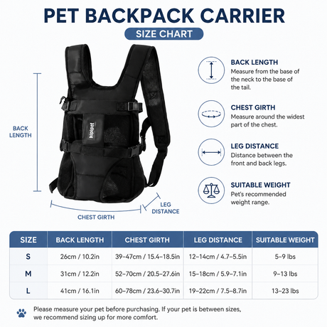 Black Hands Free Adjustable Dog Carrier Backpack with 3-Point Support, Reserved Tail Opening and Wide Padded Straps - Chest & Back Dual Use, Breathable on Both Sides and Quick-release Safety Buckles for Walking Bike Travel Outdoor Use, S Size