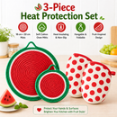 3-Piece Watermelon Inspired Kitchen Heat Resistant Set with 18cm & 30cm Round Cotton Rope Woven Trivets + 1 Pair Duckbill Oven Mitt - Foldable Table Protection Mats and Red Polka Dot Cooking Gloves, Perfect for Home Baking and Cooking Lover