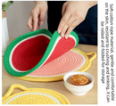 3-Piece Watermelon Inspired Kitchen Heat Resistant Set with 18cm & 30cm Round Cotton Rope Woven Trivets + 1 Pair Duckbill Oven Mitt - Foldable Table Protection Mats and Red Polka Dot Cooking Gloves, Perfect for Home Baking and Cooking Lover