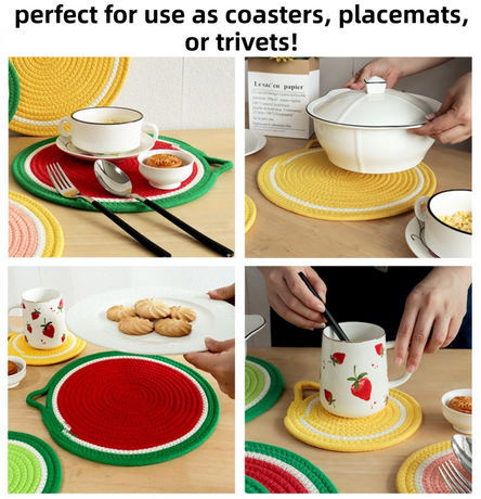 3-Piece Watermelon Inspired Kitchen Heat Resistant Set with 18cm & 30cm Round Cotton Rope Woven Trivets + 1 Pair Duckbill Oven Mitt - Foldable Table Protection Mats and Red Polka Dot Cooking Gloves, Perfect for Home Baking and Cooking Lover