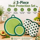 3-Piece Avocado Inspired Kitchen Heat Resistant Set with 18cm & 30cm Round Cotton Rope Woven Trivets + 1 Pair Duckbill Oven Mitt - Foldable Table Protection Mats and Green Polka Dot Cooking Gloves, Perfect for Home Baking and Cooking Lover