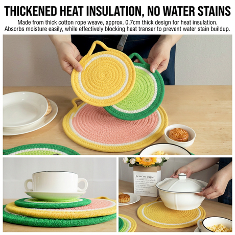 3-Piece Avocado Inspired Kitchen Heat Resistant Set with 18cm & 30cm Round Cotton Rope Woven Trivets + 1 Pair Duckbill Oven Mitt - Foldable Table Protection Mats and Green Polka Dot Cooking Gloves, Perfect for Home Baking and Cooking Lover