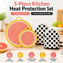 3-Piece Grapefruit Inspired Kitchen Heat Resistant Set with 18cm & 30cm Round Cotton Rope Woven Trivets + 1 Pair Duckbill Oven Mitt - Foldable Table Protection Mats and Black Polka Dot Cooking Gloves, Perfect for Home Baking and Cooking Lover